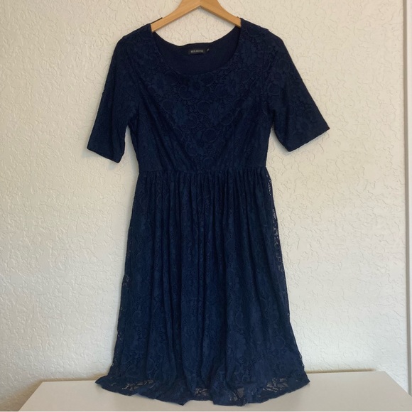 Mikarose Navy Blue Lace 3/4 Sleeve Modest Knee Length Dress | Size M - Picture 5 of 9